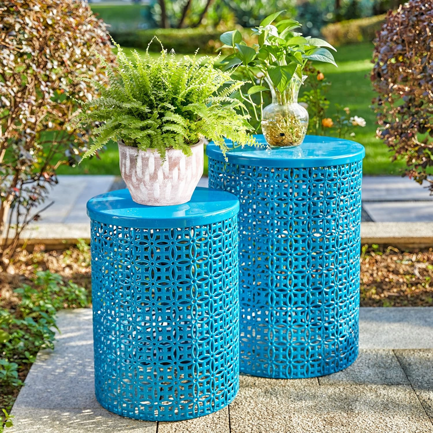 Glitzhome Outdoor Side Table Set of 2, Decorative Garden Stool for Indoor Outdoor Heavy Duty Metal Frame Accent Table Modern End Table, Glossy Blue