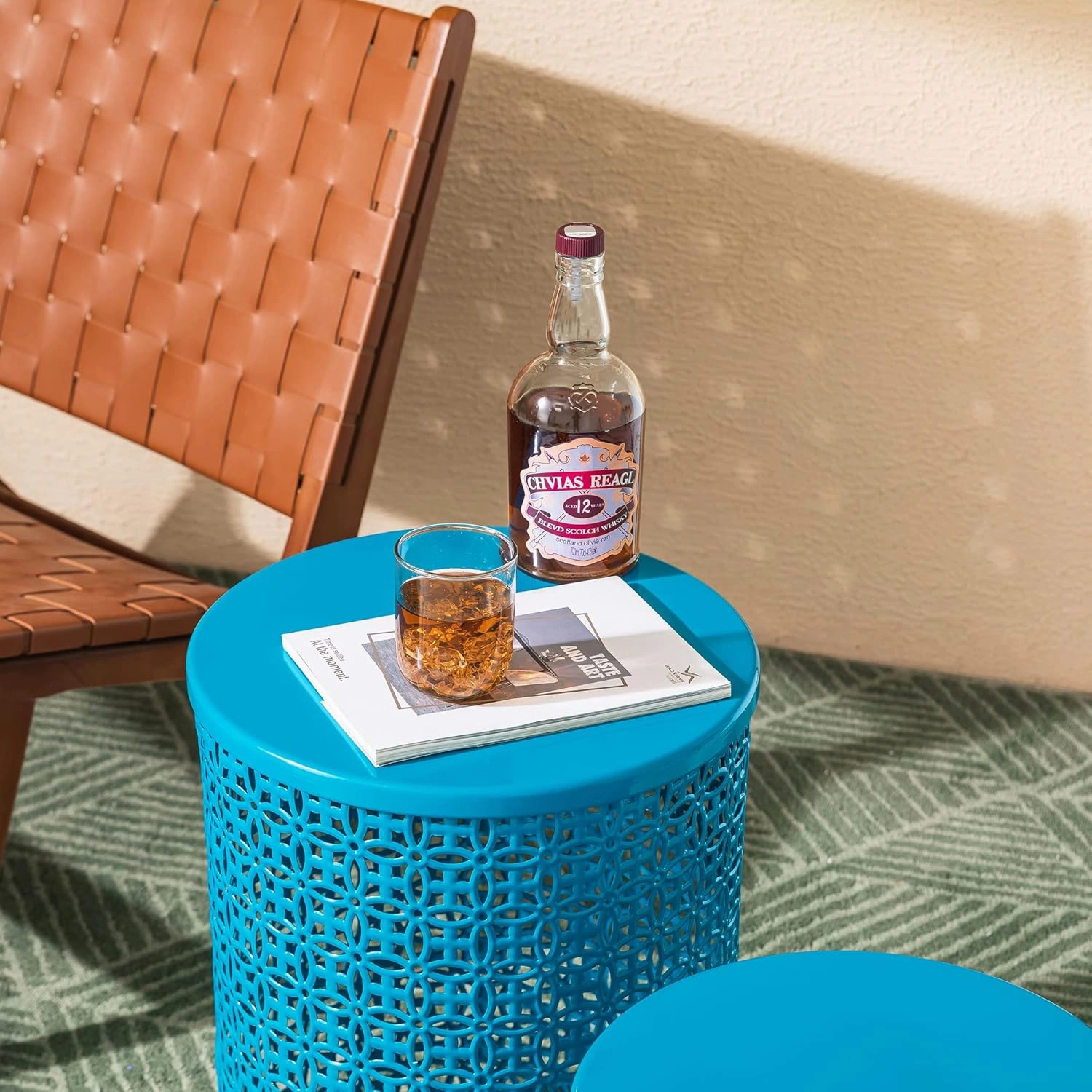 Glitzhome Outdoor Side Table Set of 2, Decorative Garden Stool for Indoor Outdoor Heavy Duty Metal Frame Accent Table Modern End Table, Glossy Blue