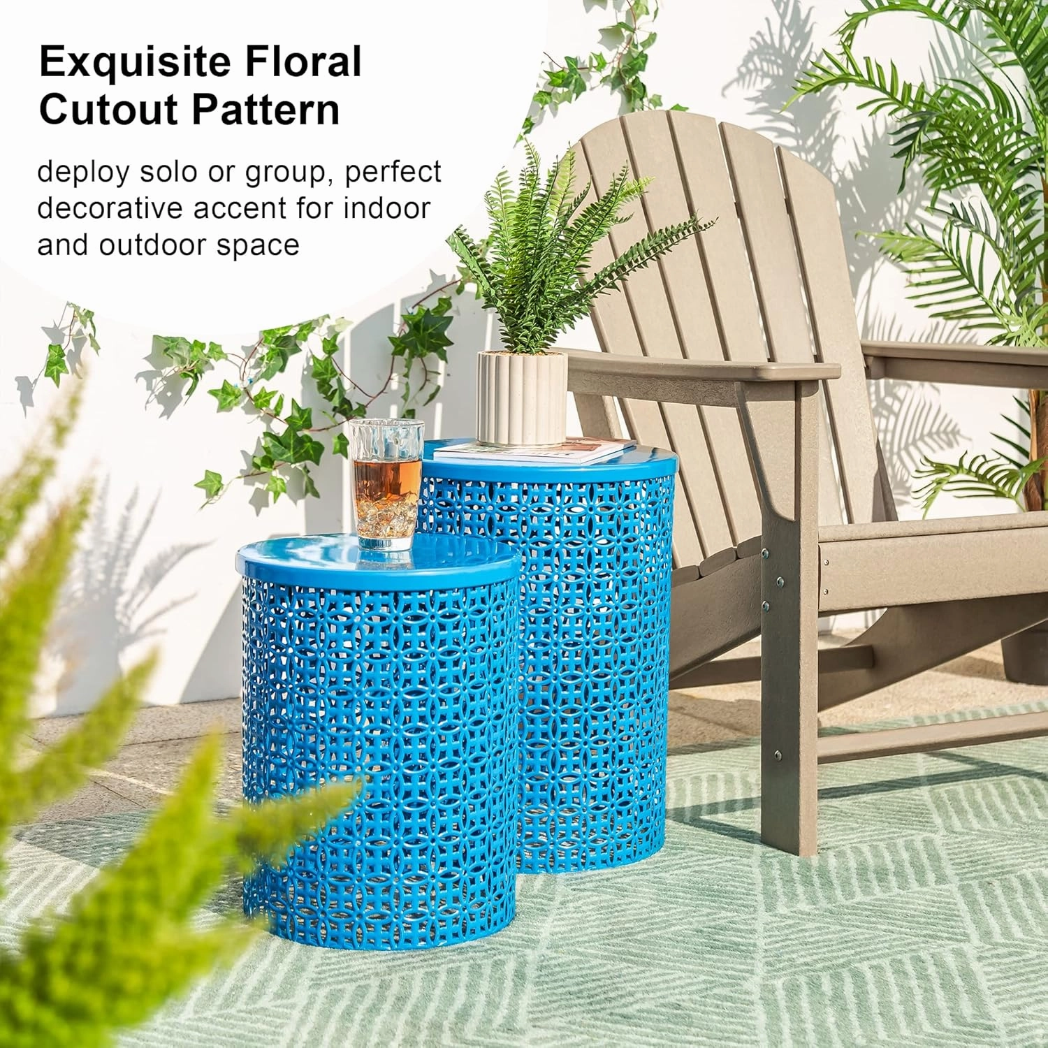 Glitzhome Outdoor Side Table Set of 2, Decorative Garden Stool for Indoor Outdoor Heavy Duty Metal Frame Accent Table Modern End Table, Glossy Blue