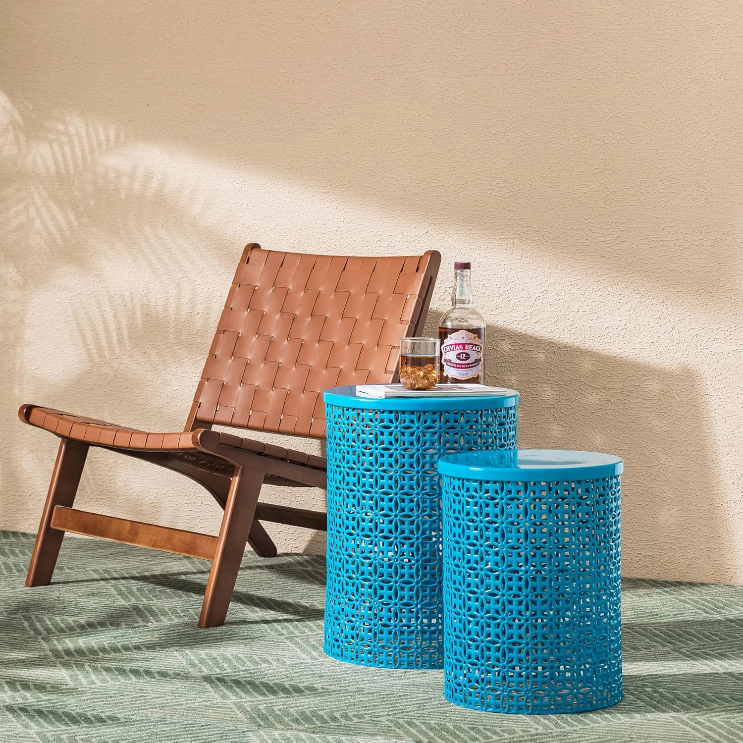 Glitzhome Outdoor Side Table Set of 2, Decorative Garden Stool for Indoor Outdoor Heavy Duty Metal Frame Accent Table Modern End Table, Glossy Blue