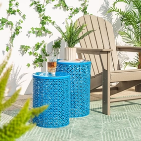 Glitzhome Outdoor Side Table Set of 2, Decorative Garden Stool for Indoor Outdoor Heavy Duty Metal Frame Accent Table Modern End Table, Glossy Blue