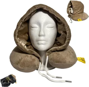 Global Citizen Travel Pillows for Sleeping, Neck Pillows for Airplane, Neck Travel Pillow with Hood Satin Lined Style Protectant for Braids and Locs Vacation, Memory Foam Travel Pillow (Tan)