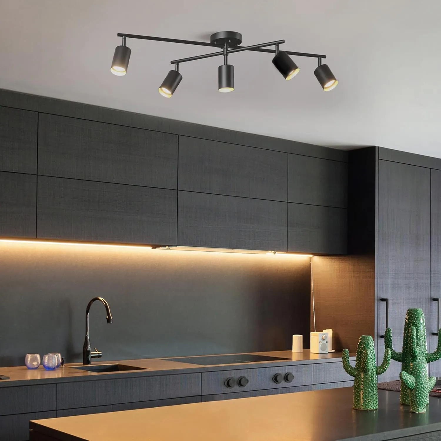 GLOBE Electric 64000052 5-Light Track Lighting, Matte Black Finish, 34" Center Swivel Bar, Adjustable Shades, GU10 Base, Dimmable