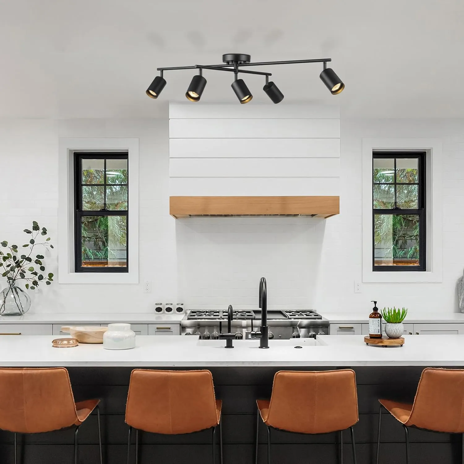 GLOBE Electric 64000052 5-Light Track Lighting, Matte Black Finish, 34" Center Swivel Bar, Adjustable Shades, GU10 Base, Dimmable