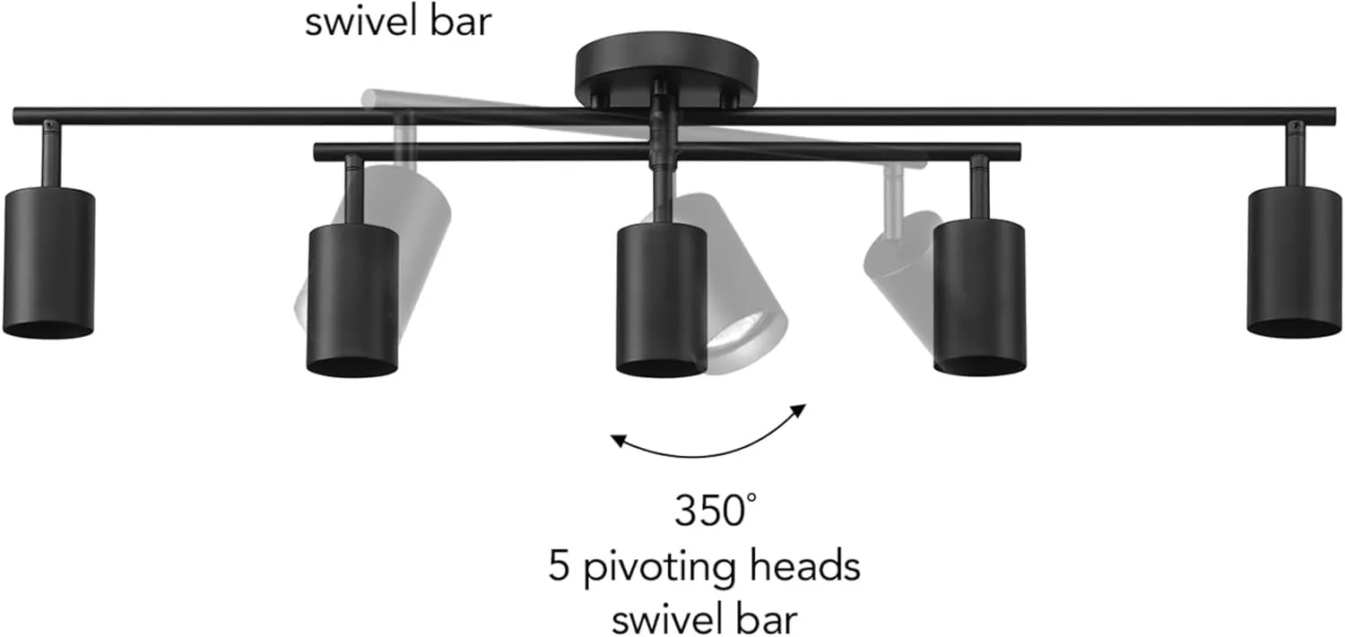 GLOBE Electric 64000052 5-Light Track Lighting, Matte Black Finish, 34" Center Swivel Bar, Adjustable Shades, GU10 Base, Dimmable