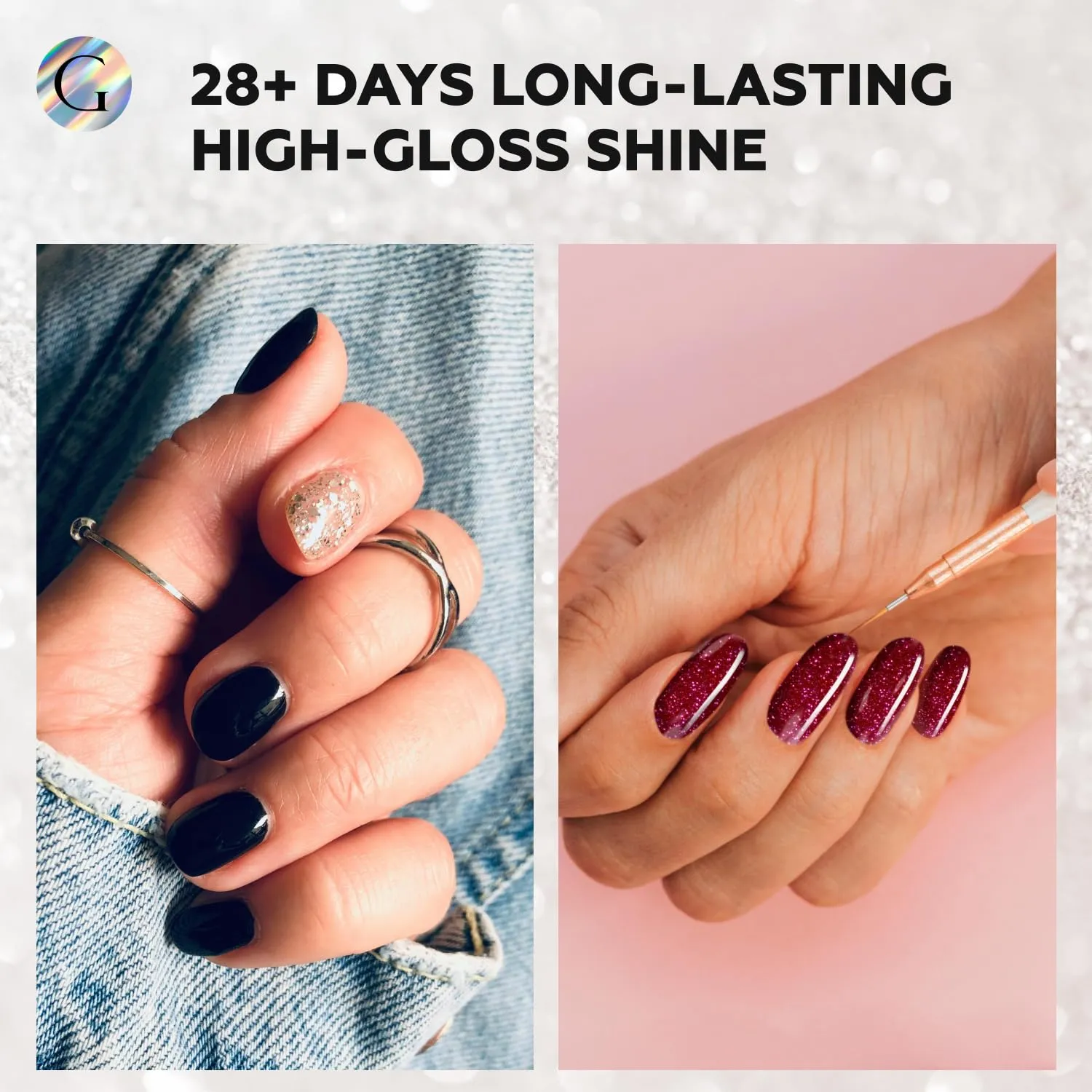 GLOSS Sparkly Shiny Gel Nail Polish Set | 6 Pcs with Gold Glitter, Sparkly Green, Silver Radiance, Red Glitter, Pink Shimmer & Blue Glow Colors, Gel Polish Soak Off UV LED, DIY Manicure at Home
