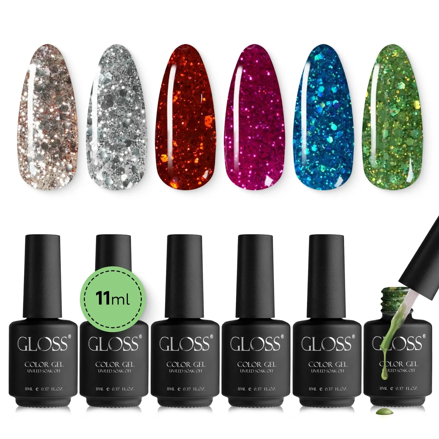 GLOSS Sparkly Shiny Gel Nail Polish Set | 6 Pcs with Gold Glitter, Sparkly Green, Silver Radiance, Red Glitter, Pink Shimmer & Blue Glow Colors, Gel Polish Soak Off UV LED, DIY Manicure at Home