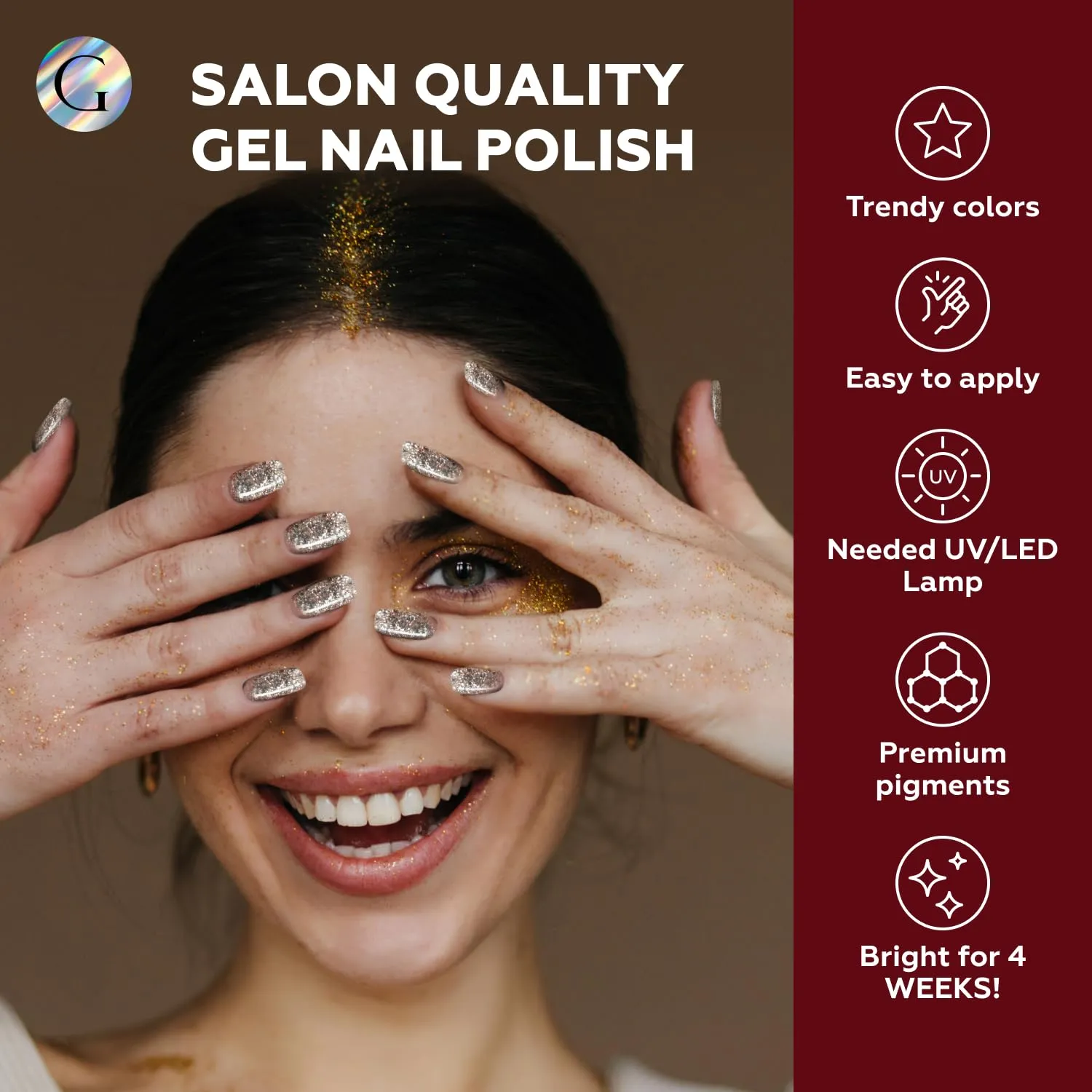 GLOSS Sparkly Shiny Gel Nail Polish Set | 6 Pcs with Gold Glitter, Sparkly Green, Silver Radiance, Red Glitter, Pink Shimmer & Blue Glow Colors, Gel Polish Soak Off UV LED, DIY Manicure at Home