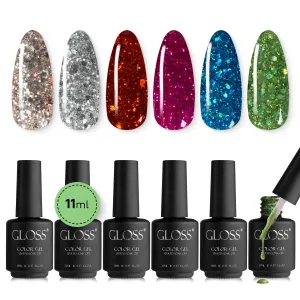 GLOSS Sparkly Shiny Gel Nail Polish Set | 6 Pcs with Gold Glitter, Sparkly Green, Silver Radiance, Red Glitter, Pink Shimmer & Blue Glow Colors, Gel Polish Soak Off UV LED, DIY Manicure at Home