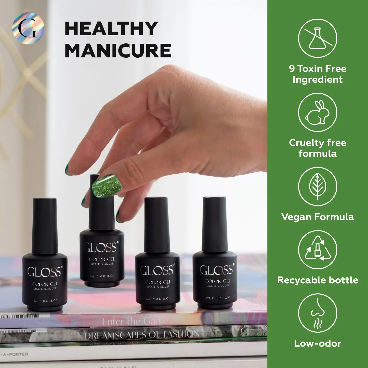 GLOSS Sparkly Shiny Gel Nail Polish Set | 6 Pcs with Gold Glitter, Sparkly Green, Silver Radiance, Red Glitter, Pink Shimmer & Blue Glow Colors, Gel Polish Soak Off UV LED, DIY Manicure at Home