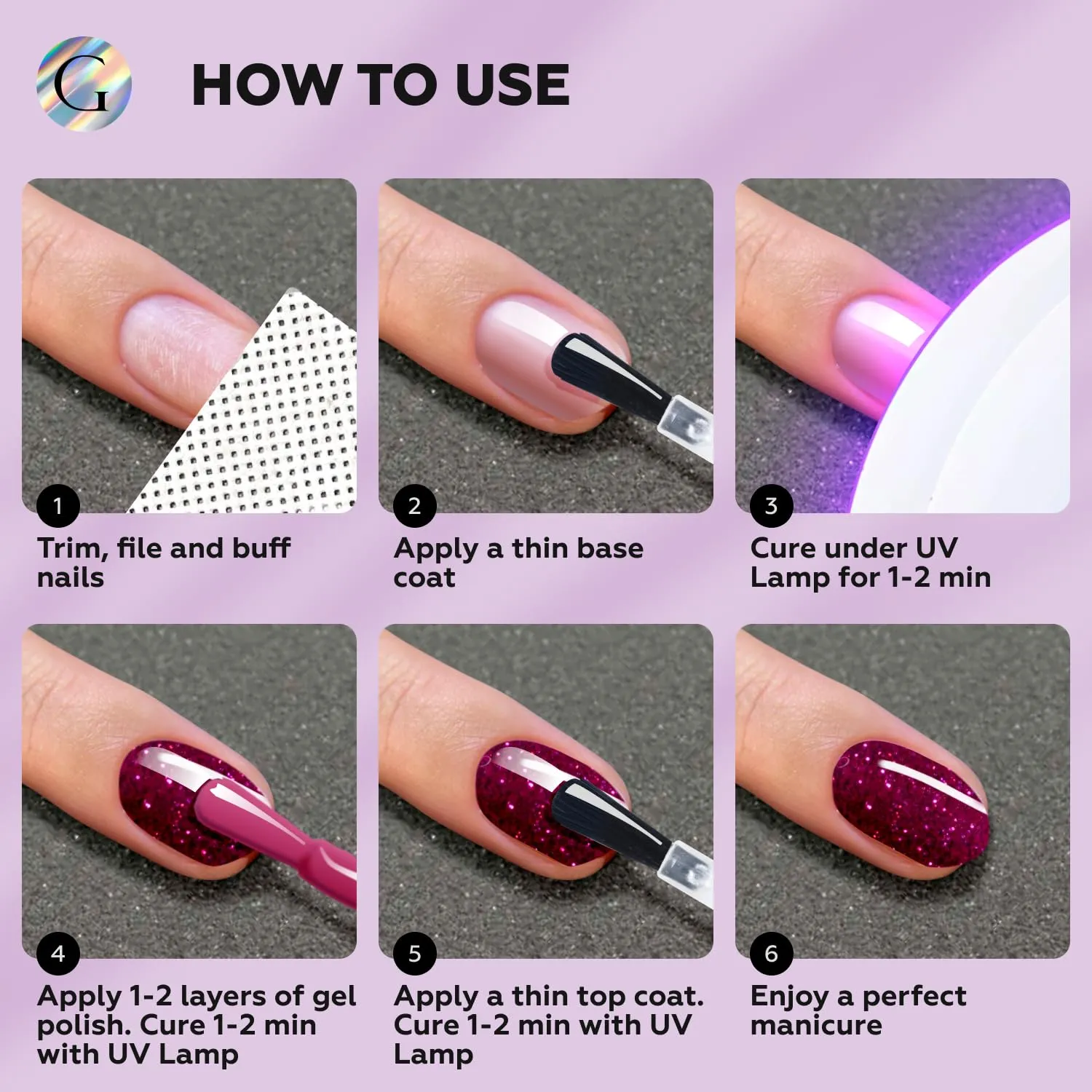 GLOSS Sparkly Shiny Gel Nail Polish Set | 6 Pcs with Gold Glitter, Sparkly Green, Silver Radiance, Red Glitter, Pink Shimmer & Blue Glow Colors, Gel Polish Soak Off UV LED, DIY Manicure at Home