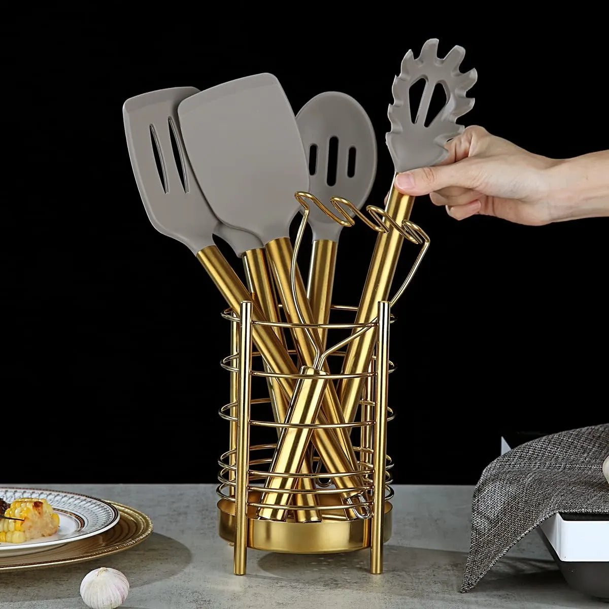 Gold Kitchen Utensils Set, Berglander 38 Pieces Non-stick Silicone Cooking Tools Spoon Spatula Set With Sturdy Stainless Steel Utensil Holder, Dishwasher Safe