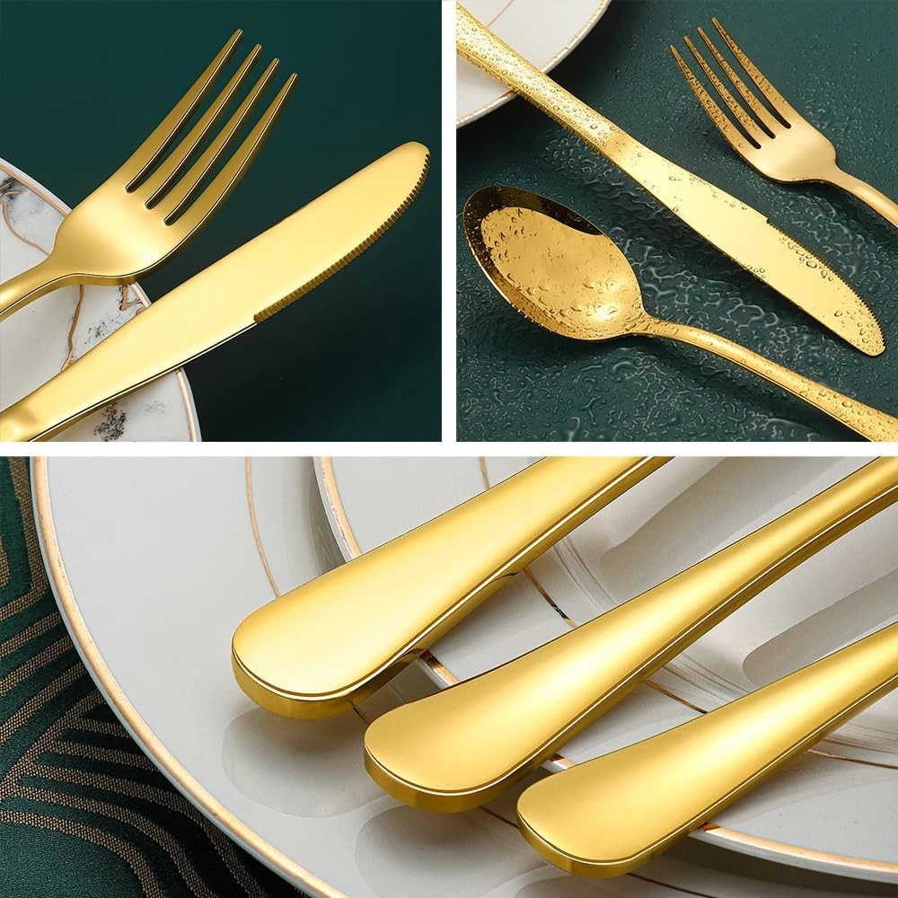 Gold Silverware Set for 12, Compralo 60 Pieces Stainless Steel Shiny Gold Flatware Set, Cutlery Tableware Set Include Spoons, Forks, Knives for Home and Restaurant