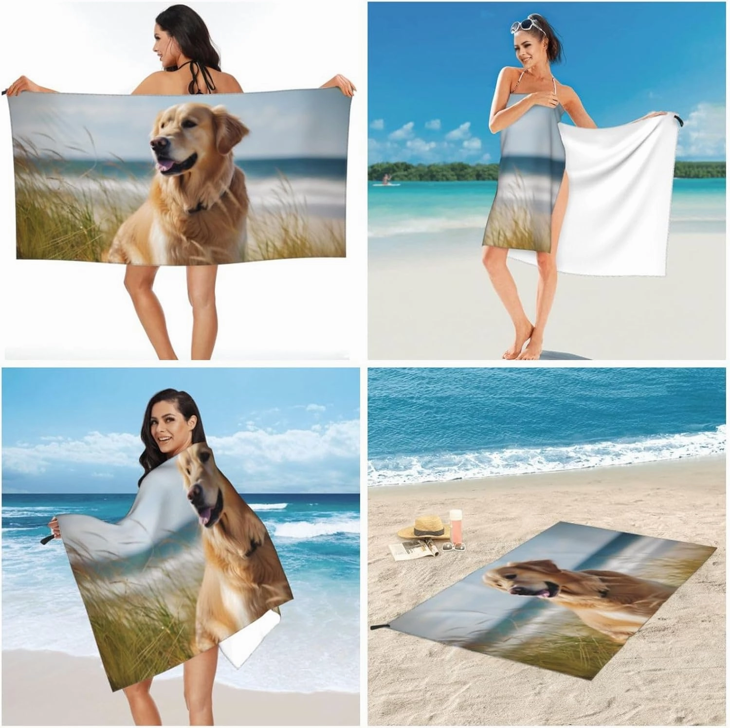 Golden Retriever On The Beach Premium Compact Microfiber Travel Towel-Featherlight & Quick Dry,Sand-Resistant Beach Towel for Swimming,Camping,Vacation Essentials with Carry Pouch