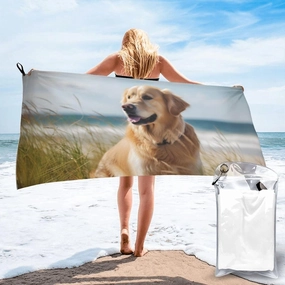 Golden Retriever On The Beach Premium Compact Microfiber Travel Towel-Featherlight & Quick Dry,Sand-Resistant Beach Towel for Swimming,Camping,Vacation Essentials with Carry Pouch