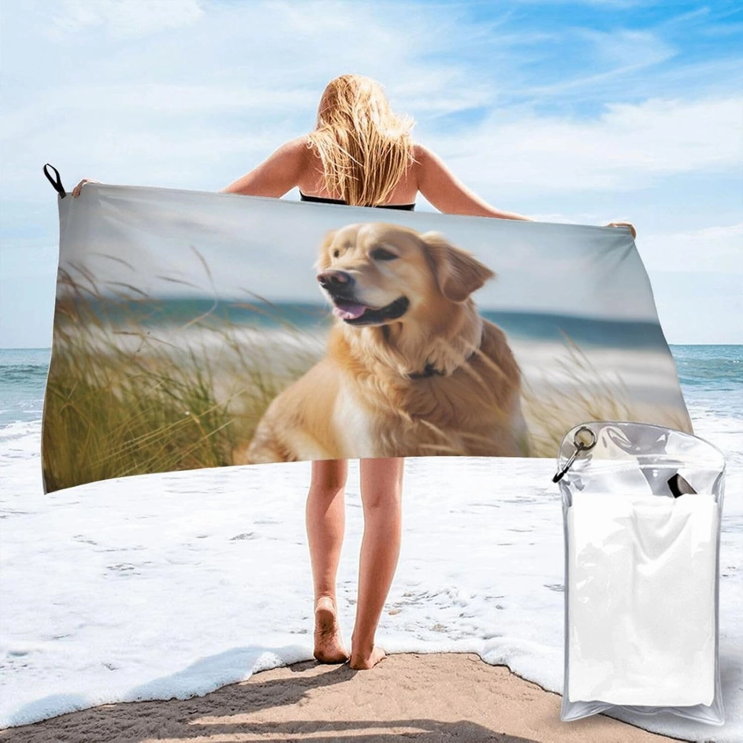 Golden Retriever On The Beach Premium Compact Microfiber Travel Towel-Featherlight & Quick Dry,Sand-Resistant Beach Towel for Swimming,Camping,Vacation Essentials with Carry Pouch