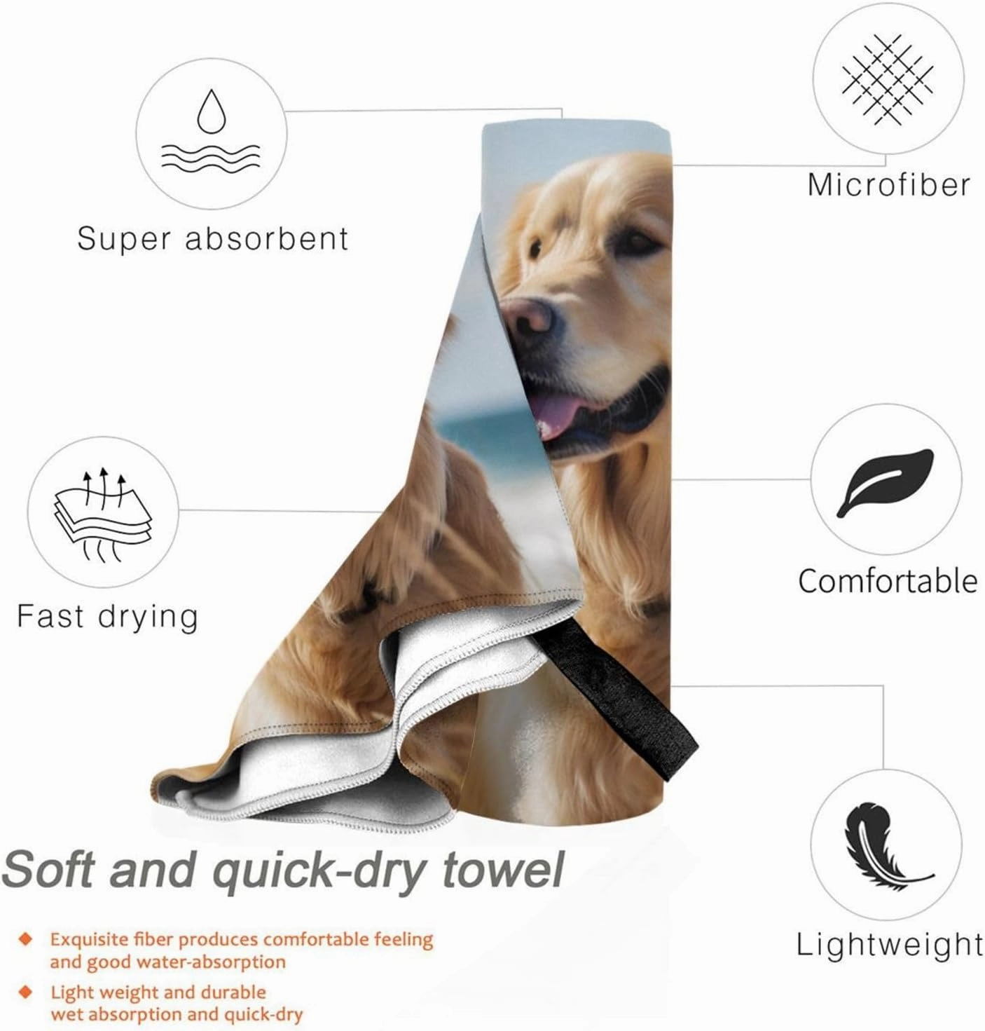 Golden Retriever On The Beach Premium Compact Microfiber Travel Towel-Featherlight & Quick Dry,Sand-Resistant Beach Towel for Swimming,Camping,Vacation Essentials with Carry Pouch