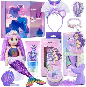 Golray Mermaid Gift for Girls Bath Set Kids Beauty Care Spa Kit with Shampoo/ Bath Bomb Salt/ Mermaid Doll/ Mirror/ Brush, Mermaid Toys Kids Teenage Christmas Birthday Gift for Teen Girl 6 7 8 9 10-12