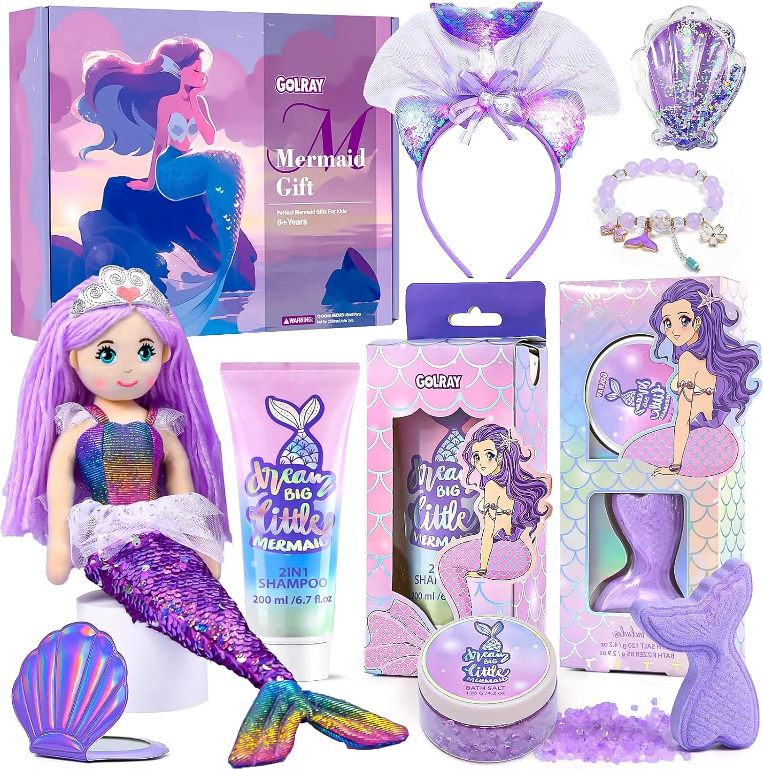 Golray Mermaid Gift for Girls Bath Set Kids Beauty Care Spa Kit with Shampoo/ Bath Bomb Salt/ Mermaid Doll/ Mirror/ Brush, Mermaid Toys Kids Teenage Christmas Birthday Gift for Teen Girl 6 7 8 9 10-12