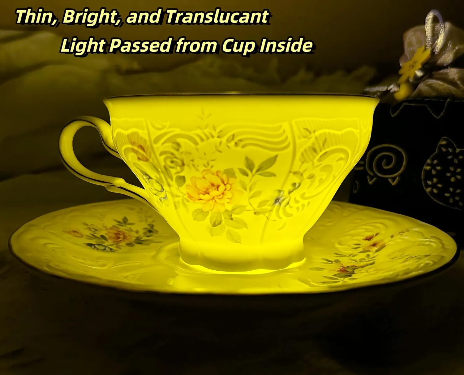 GOMMO Vintage Style Bone China Tea Cup and Saucer Set for 1, English Elegant Bone China Tea Cup, 7 oz Cappuccino Espresso Latte Cup Mug (1, White Floral)