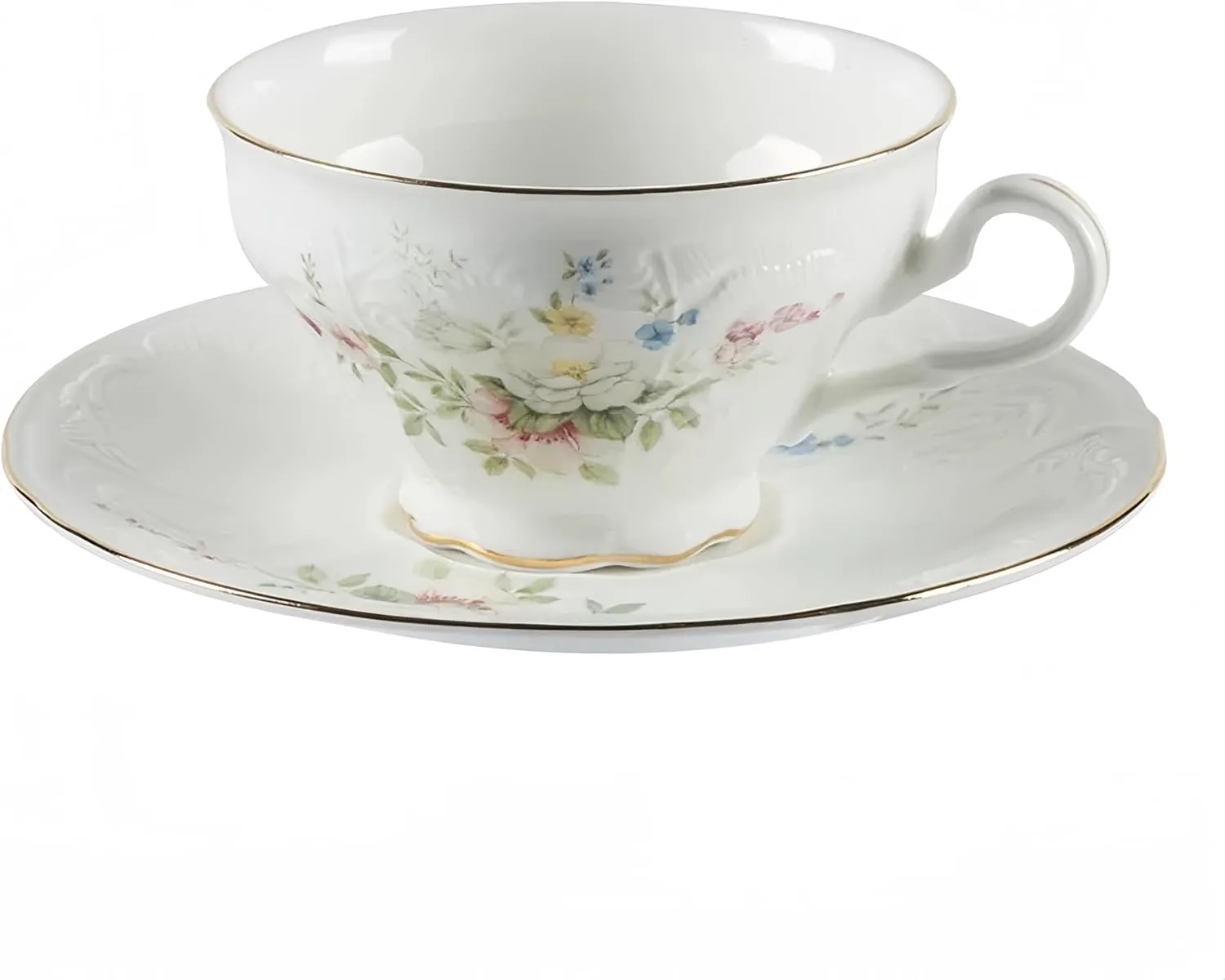 GOMMO Vintage Style Bone China Tea Cup and Saucer Set for 1, English Elegant Bone China Tea Cup, 7 oz Cappuccino Espresso Latte Cup Mug (1, White Floral)