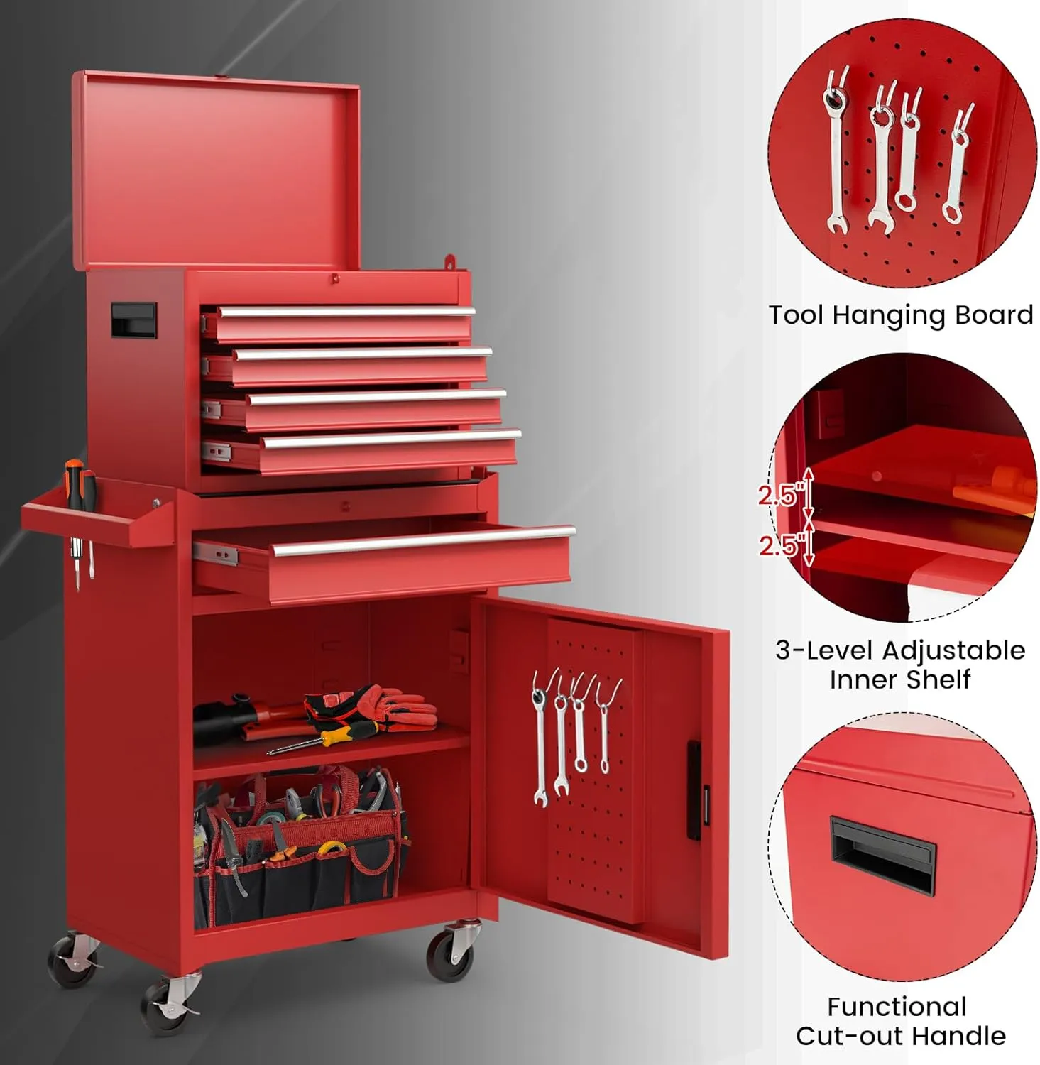 Goplus Rolling Tool Chest, 5-Drawer Tool Box Organizer w/Lockable Wheels & Sliding Drawers & Detachable Top & Adjustable Shelf, Tool Storage Cabinet for Garage Workshop (Red)