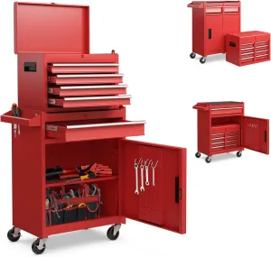 Goplus Rolling Tool Chest, 5-Drawer Tool Box Organizer w/Lockable Wheels & Sliding Drawers & Detachable Top & Adjustable Shelf, Tool Storage Cabinet for Garage Workshop (Red)