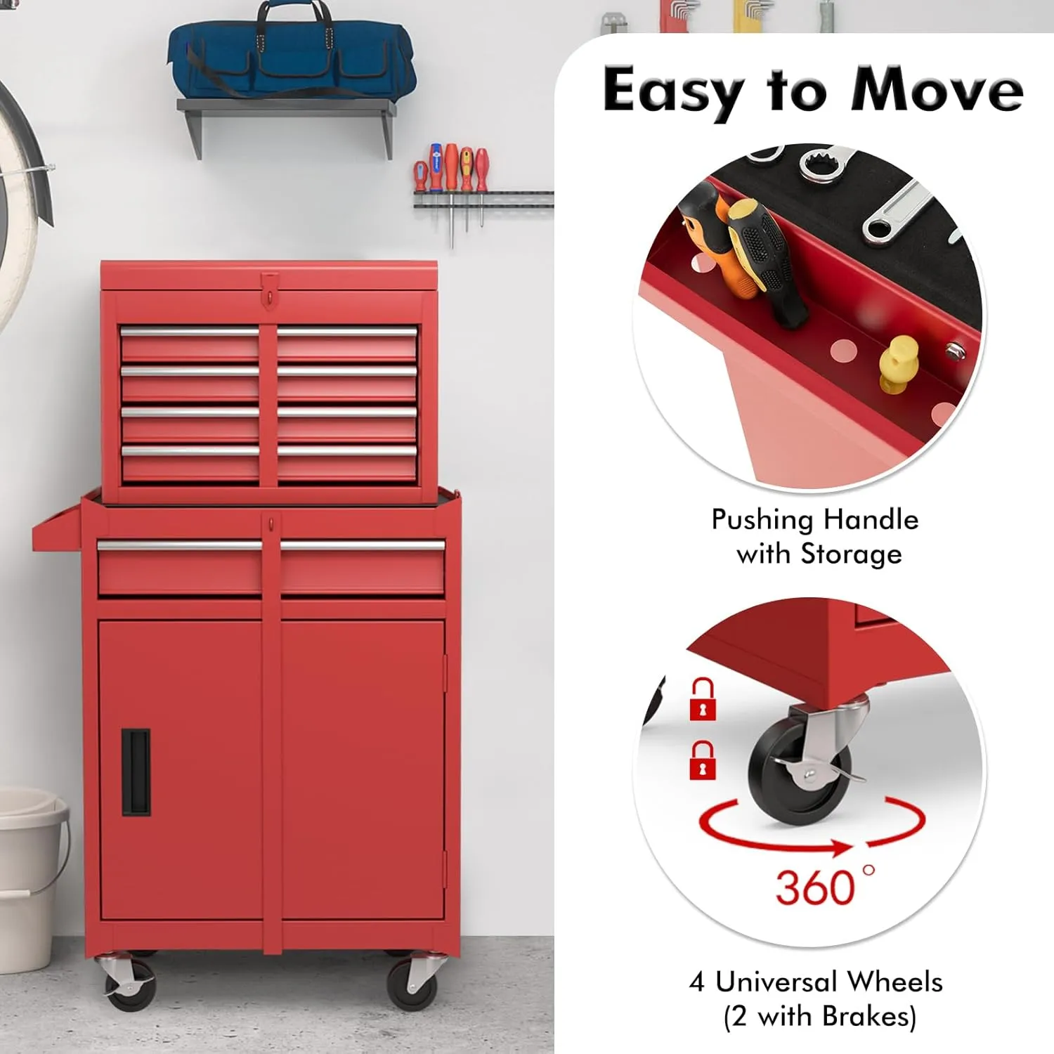 Goplus Rolling Tool Chest, 5-Drawer Tool Box Organizer w/Lockable Wheels & Sliding Drawers & Detachable Top & Adjustable Shelf, Tool Storage Cabinet for Garage Workshop (Red)