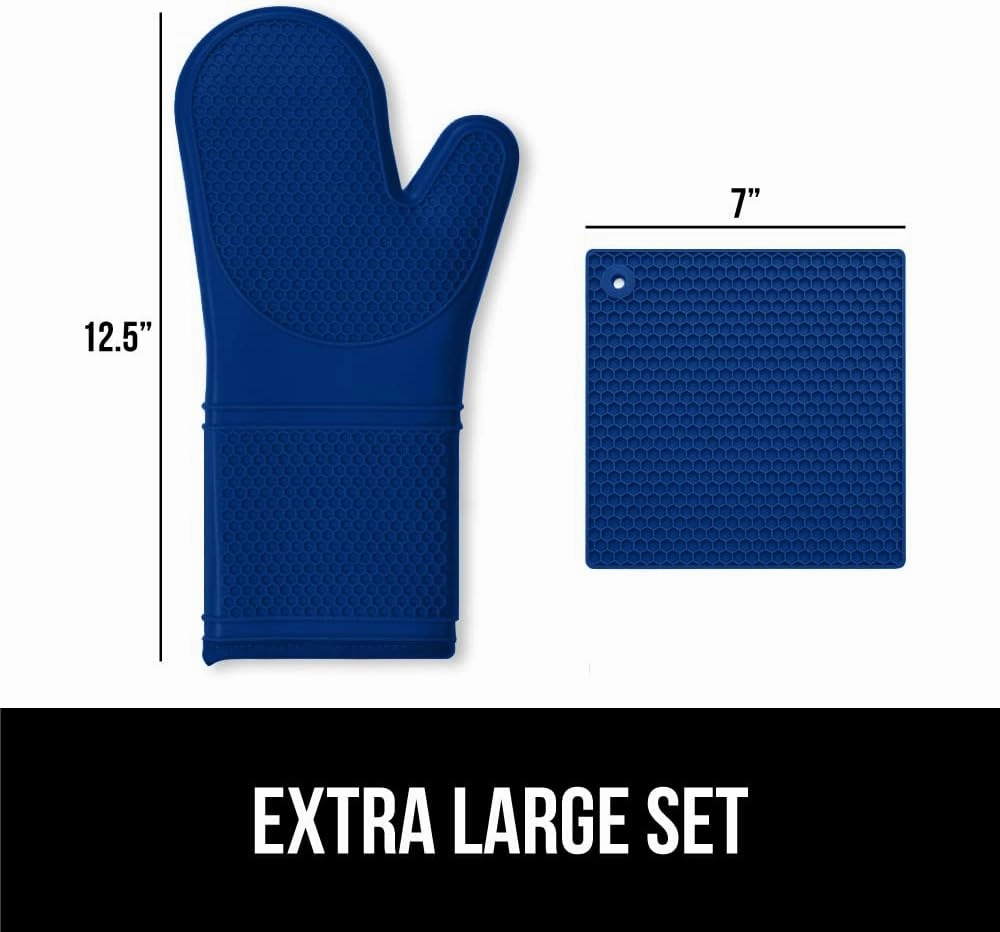 GORILLA GRIP BPA-Free Soft Silicone Oven Mitts Potholder Set of 4, Heat Resistant Hot Pads, Thick Cotton Lined Cooking Mitt, Long Gloves Protect Hands, Kitchen Waterproof Trivet Mats, 12.5 in, Blue