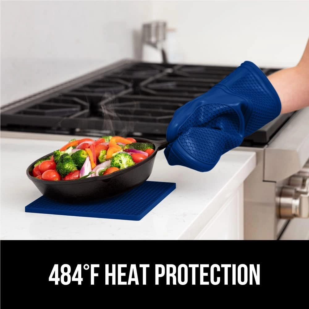 GORILLA GRIP BPA-Free Soft Silicone Oven Mitts Potholder Set of 4, Heat Resistant Hot Pads, Thick Cotton Lined Cooking Mitt, Long Gloves Protect Hands, Kitchen Waterproof Trivet Mats, 12.5 in, Blue