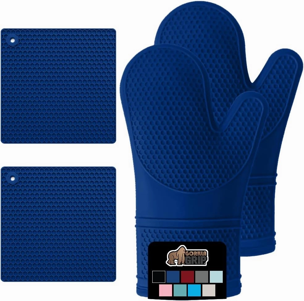 GORILLA GRIP BPA-Free Soft Silicone Oven Mitts Potholder Set of 4, Heat Resistant Hot Pads, Thick Cotton Lined Cooking Mitt, Long Gloves Protect Hands, Kitchen Waterproof Trivet Mats, 12.5 in, Blue