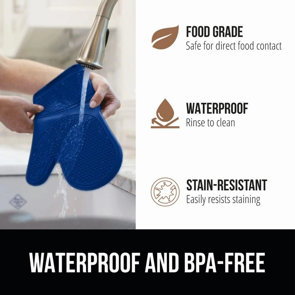 GORILLA GRIP BPA-Free Soft Silicone Oven Mitts Potholder Set of 4, Heat Resistant Hot Pads, Thick Cotton Lined Cooking Mitt, Long Gloves Protect Hands, Kitchen Waterproof Trivet Mats, 12.5 in, Blue