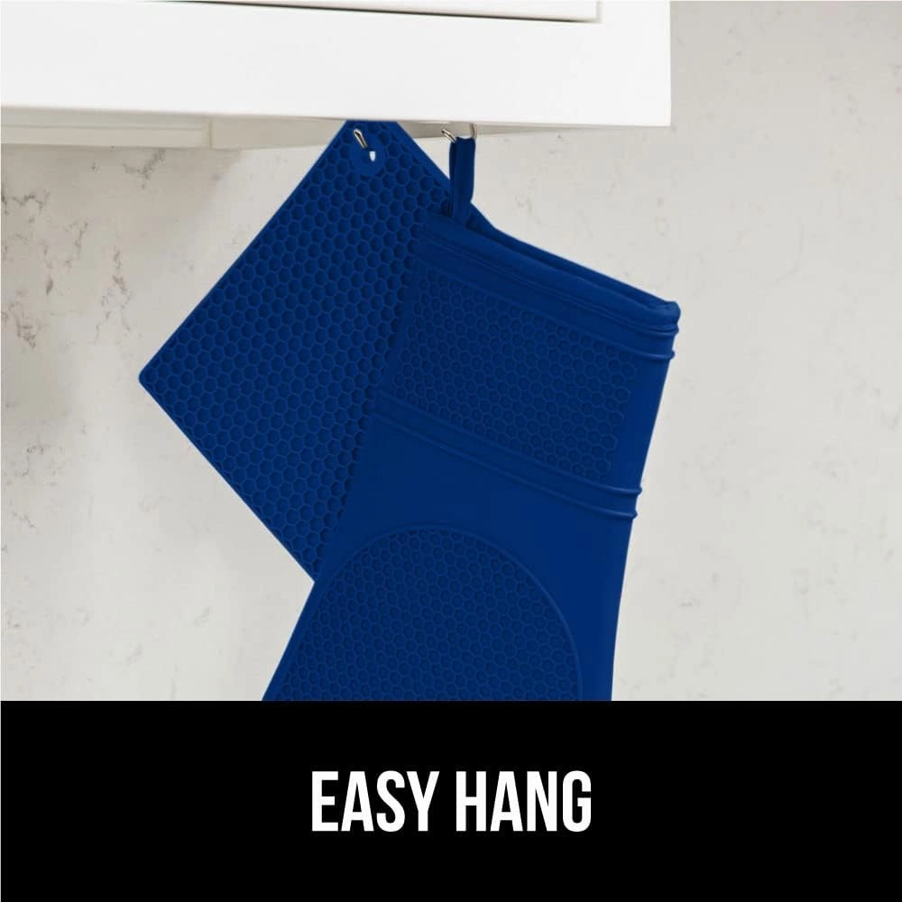 GORILLA GRIP BPA-Free Soft Silicone Oven Mitts Potholder Set of 4, Heat Resistant Hot Pads, Thick Cotton Lined Cooking Mitt, Long Gloves Protect Hands, Kitchen Waterproof Trivet Mats, 12.5 in, Blue