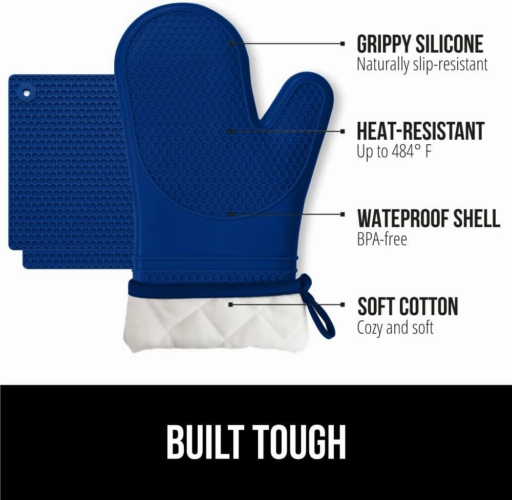 GORILLA GRIP BPA-Free Soft Silicone Oven Mitts Potholder Set of 4, Heat Resistant Hot Pads, Thick Cotton Lined Cooking Mitt, Long Gloves Protect Hands, Kitchen Waterproof Trivet Mats, 12.5 in, Blue