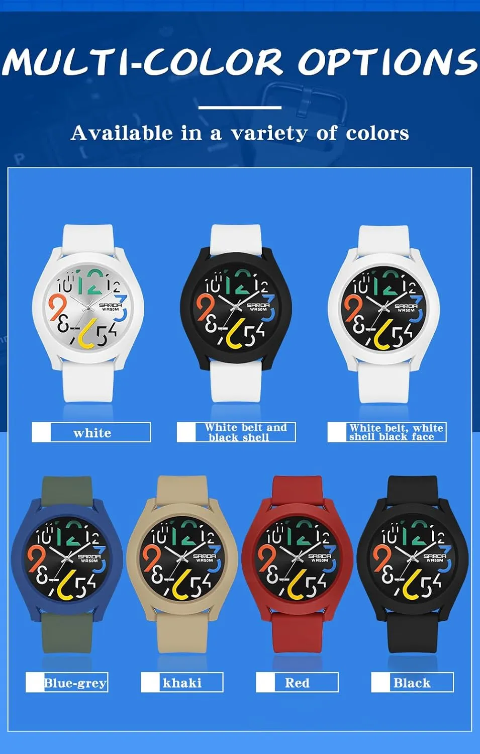 Gosasa Mens Analog Quartz Watch Creative Colorful Removable 5ATM Waterproof Sports Wristwatch Minimalist Luminous Analog Watch with Silicone Strap