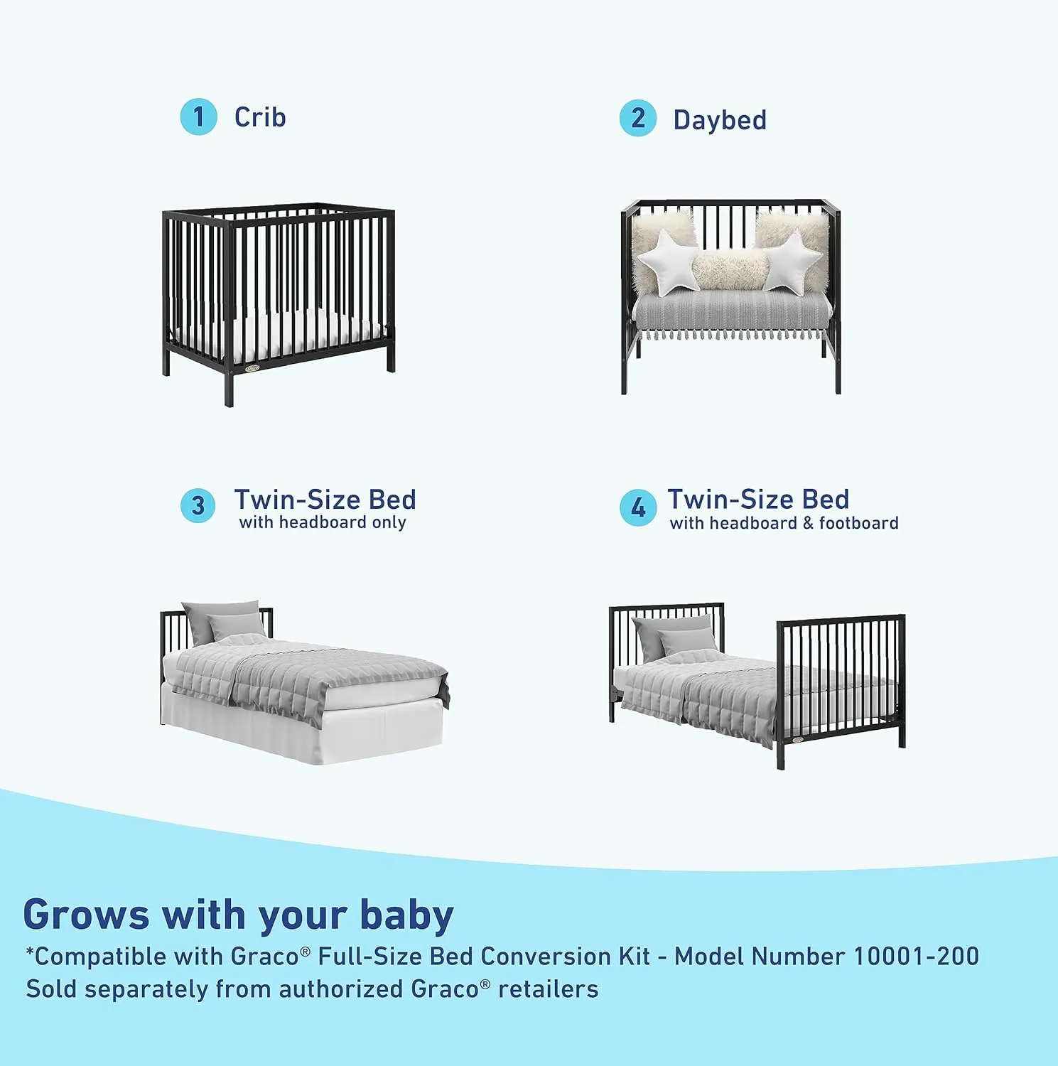 Graco Teddi 4-in-1 Convertible Mini Crib with Bonus Water-Resistant Mattress (Black) – GREENGUARD Gold Certified, 2.75-Inch Mattress Included, Convenient Size, Easy 30-Minute Assembly