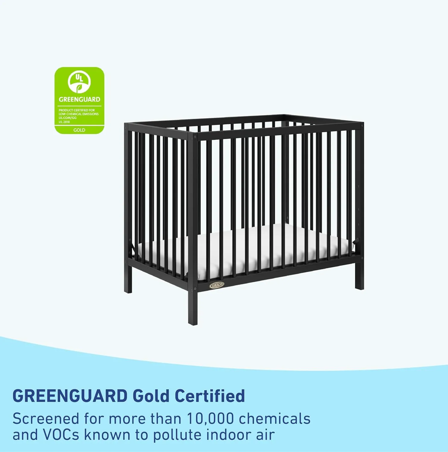 Graco Teddi 4-in-1 Convertible Mini Crib with Bonus Water-Resistant Mattress (Black) – GREENGUARD Gold Certified, 2.75-Inch Mattress Included, Convenient Size, Easy 30-Minute Assembly