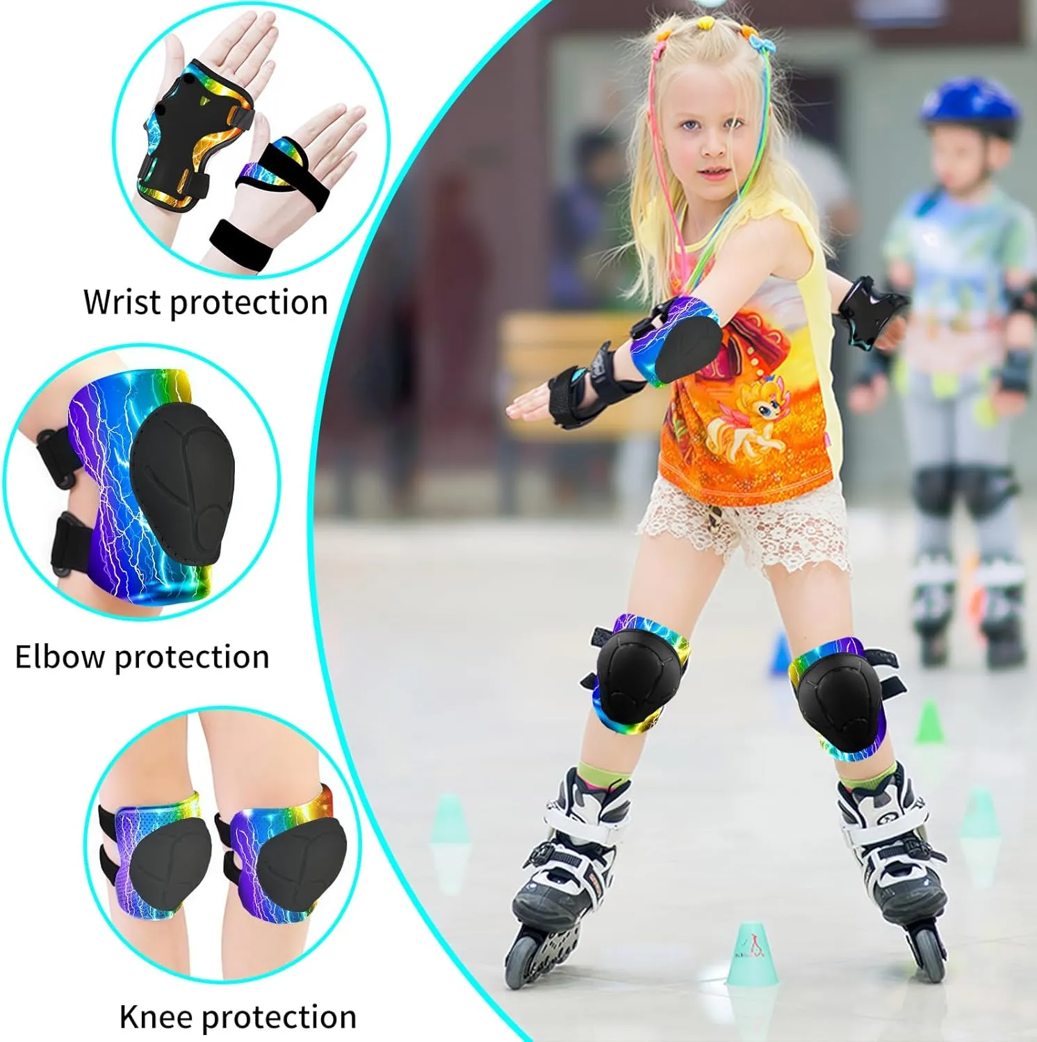 Gradient Color Kids Protective Gear Set Knee Pads for Kid 2-14 Years,W/ Adjustable Strap Kids/Youth Knee Pads Elbow Pads Wrist Guards Set for Inline Roller Skates,Cycling,BMX Bike,Skateboard,Scooter