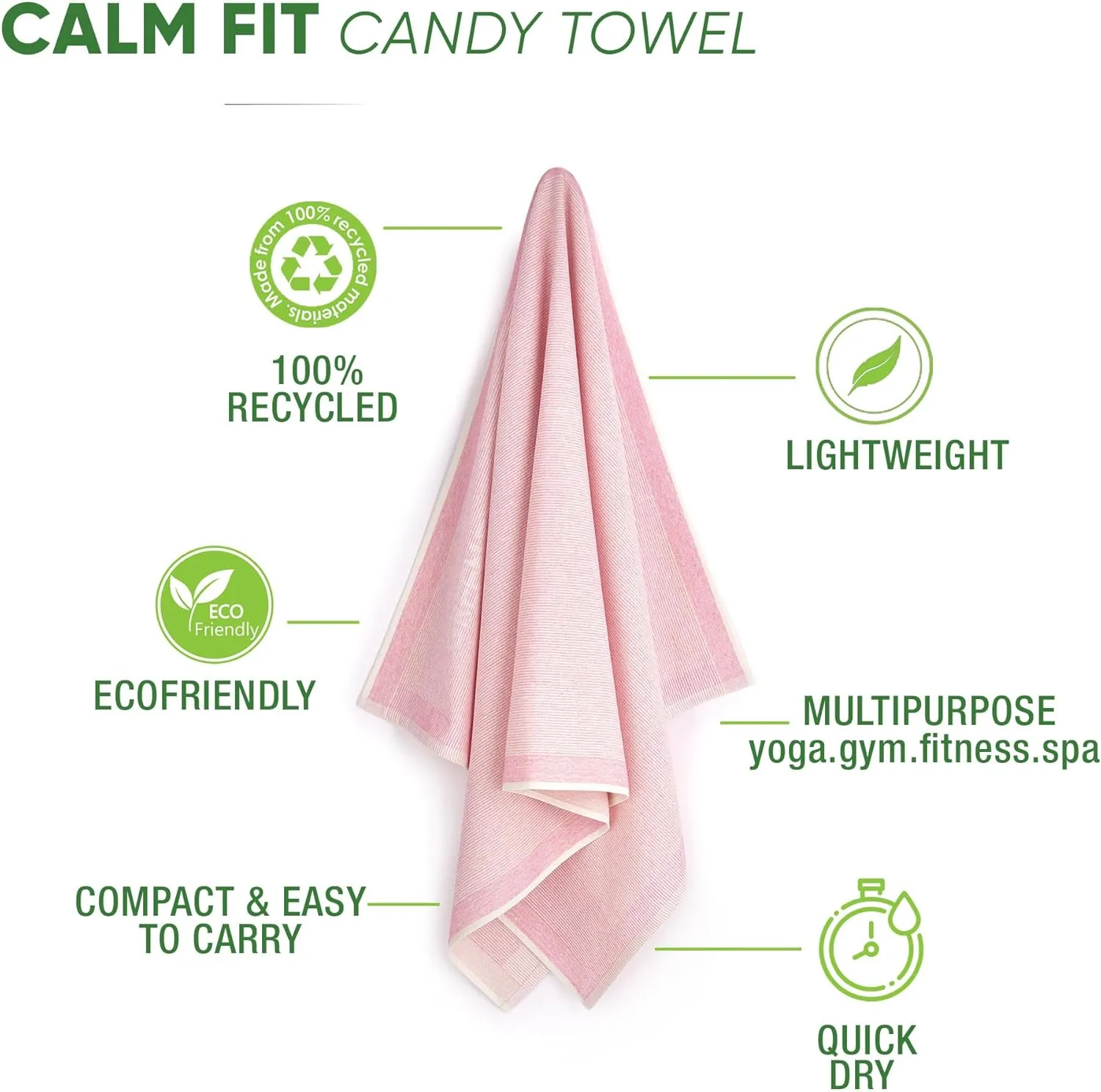 Green Petition Calm Candy 30”x56” Beach Towel with Carrying Bag, 100% Recycled, Quick Dry, Compact, Undyed, Ecofriendly, Organic Towel, Bath Towel, Multipurpose Use for Sports, Travel, Fitness.