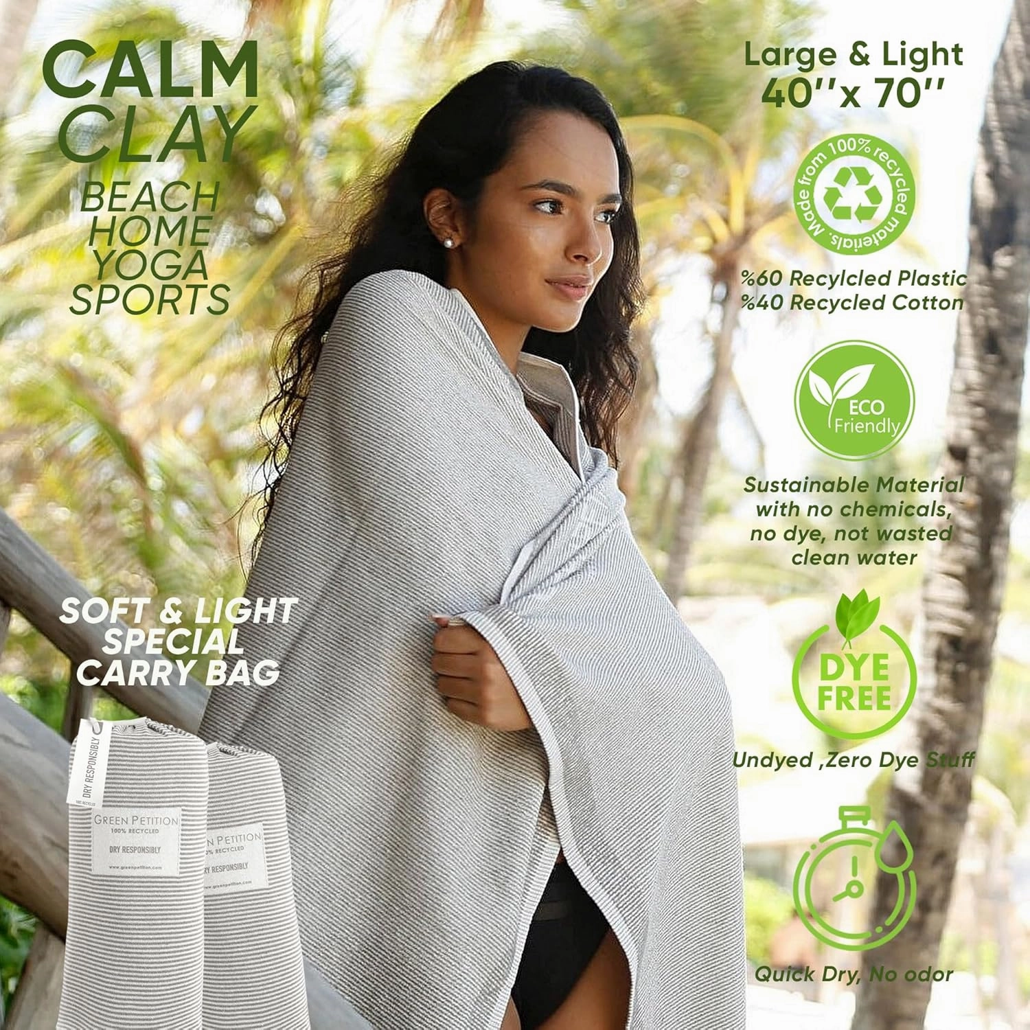 Green Petition Calm Clay Towel 40”x70” Beach Towel with Carrying Bag, 100% Recycled, Quick Dry, Compact, Undyed, Ecofriendly, Organic Towel, Bath Towel, Multipurpose Use for Sports, Travel, Fitness.
