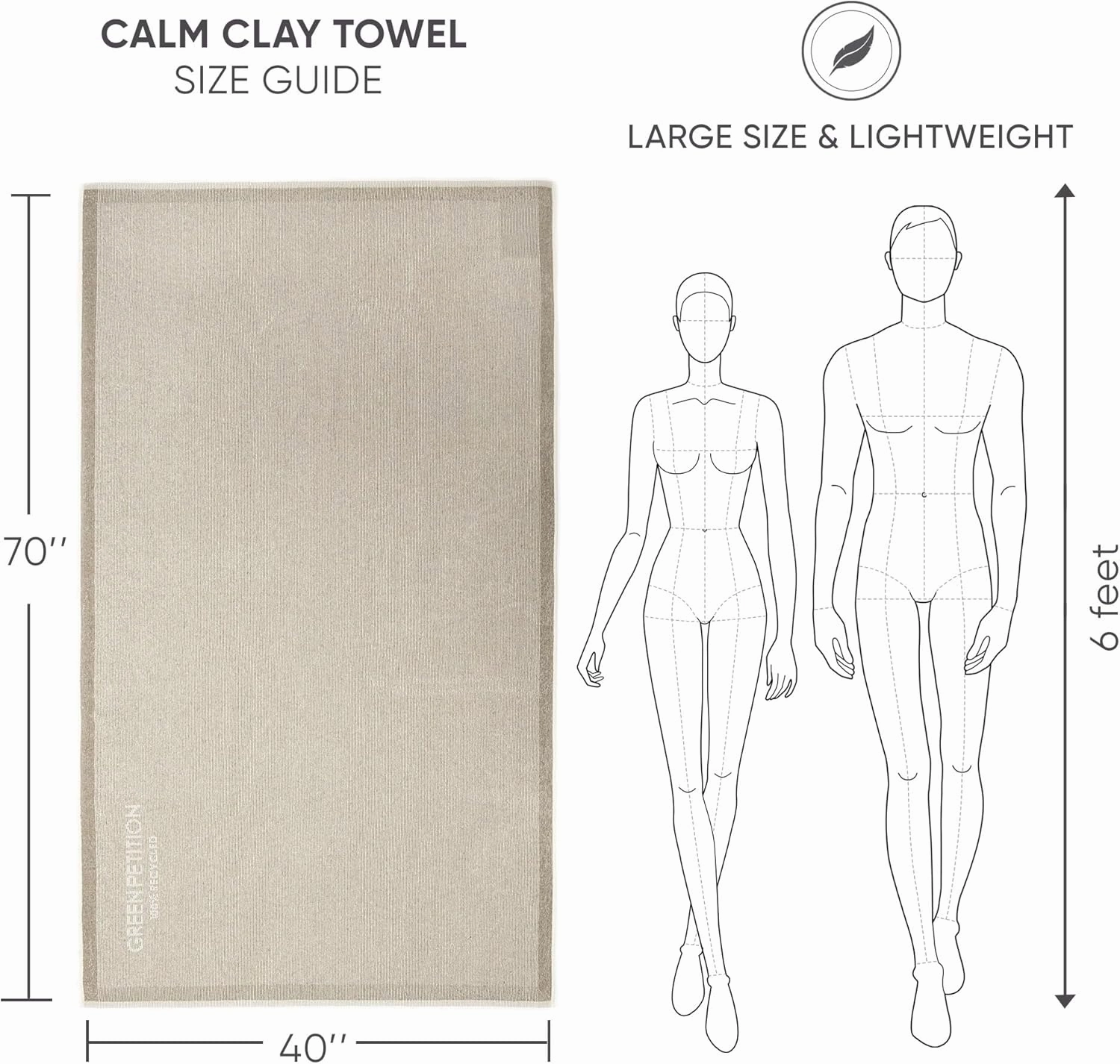 Green Petition Calm Clay Towel 40”x70” Beach Towel with Carrying Bag, 100% Recycled, Quick Dry, Compact, Undyed, Ecofriendly, Organic Towel, Bath Towel, Multipurpose Use for Sports, Travel, Fitness.