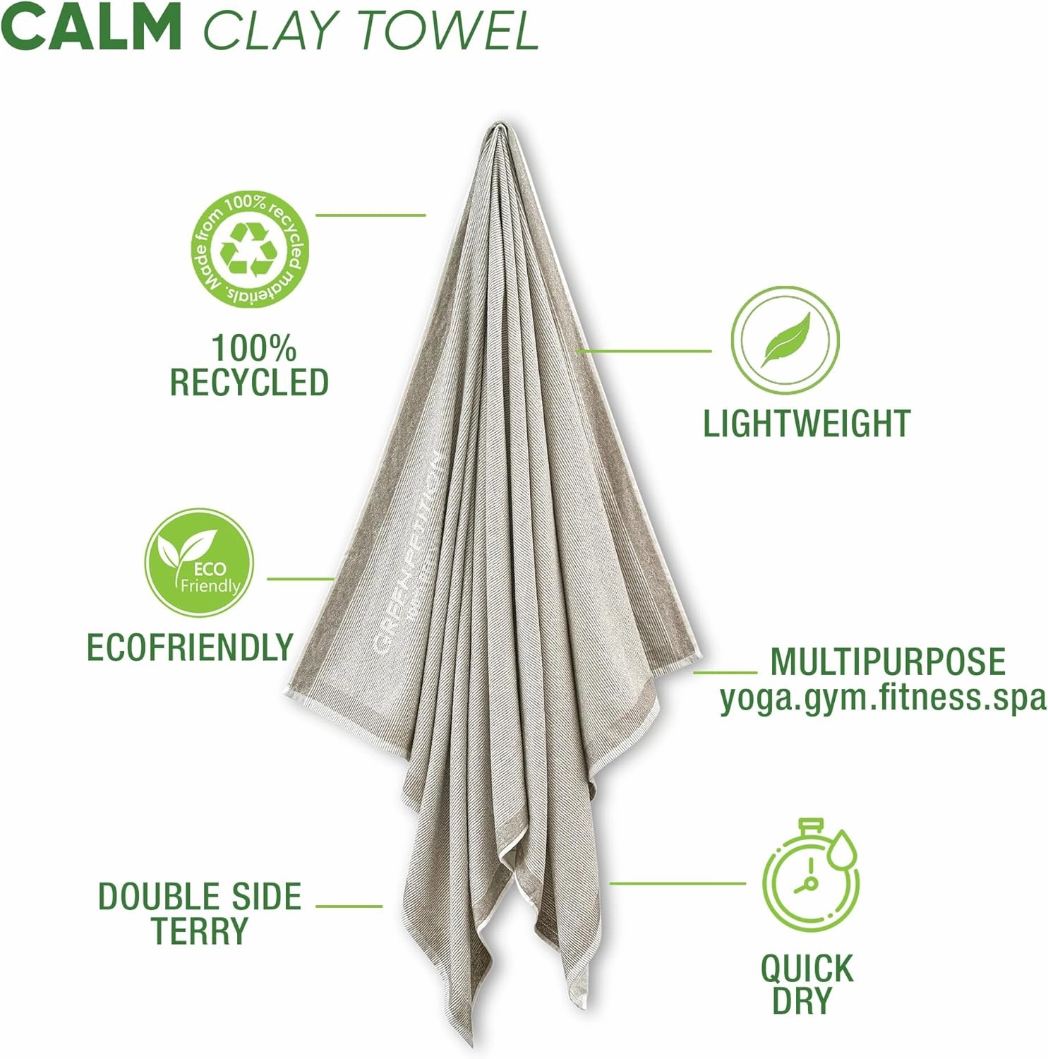 Green Petition Calm Clay Towel 40”x70” Beach Towel with Carrying Bag, 100% Recycled, Quick Dry, Compact, Undyed, Ecofriendly, Organic Towel, Bath Towel, Multipurpose Use for Sports, Travel, Fitness.
