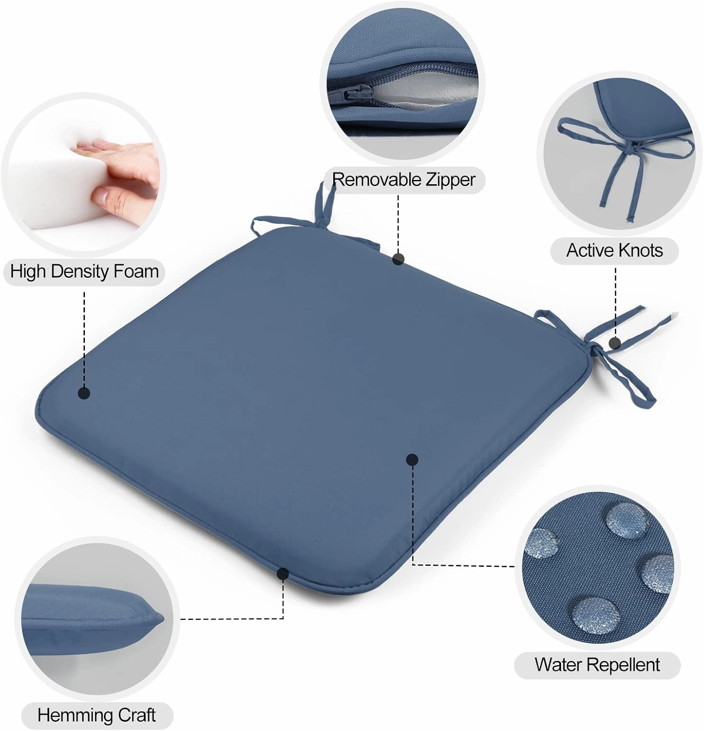 GUEGLSA Outdoor Indoor Waterproof Seat Cushions,16x16 Inches Patio Chair Cushion with Ties,Machine Washable Seat Pad for Home Garden Furniture,Set of 2,Blue