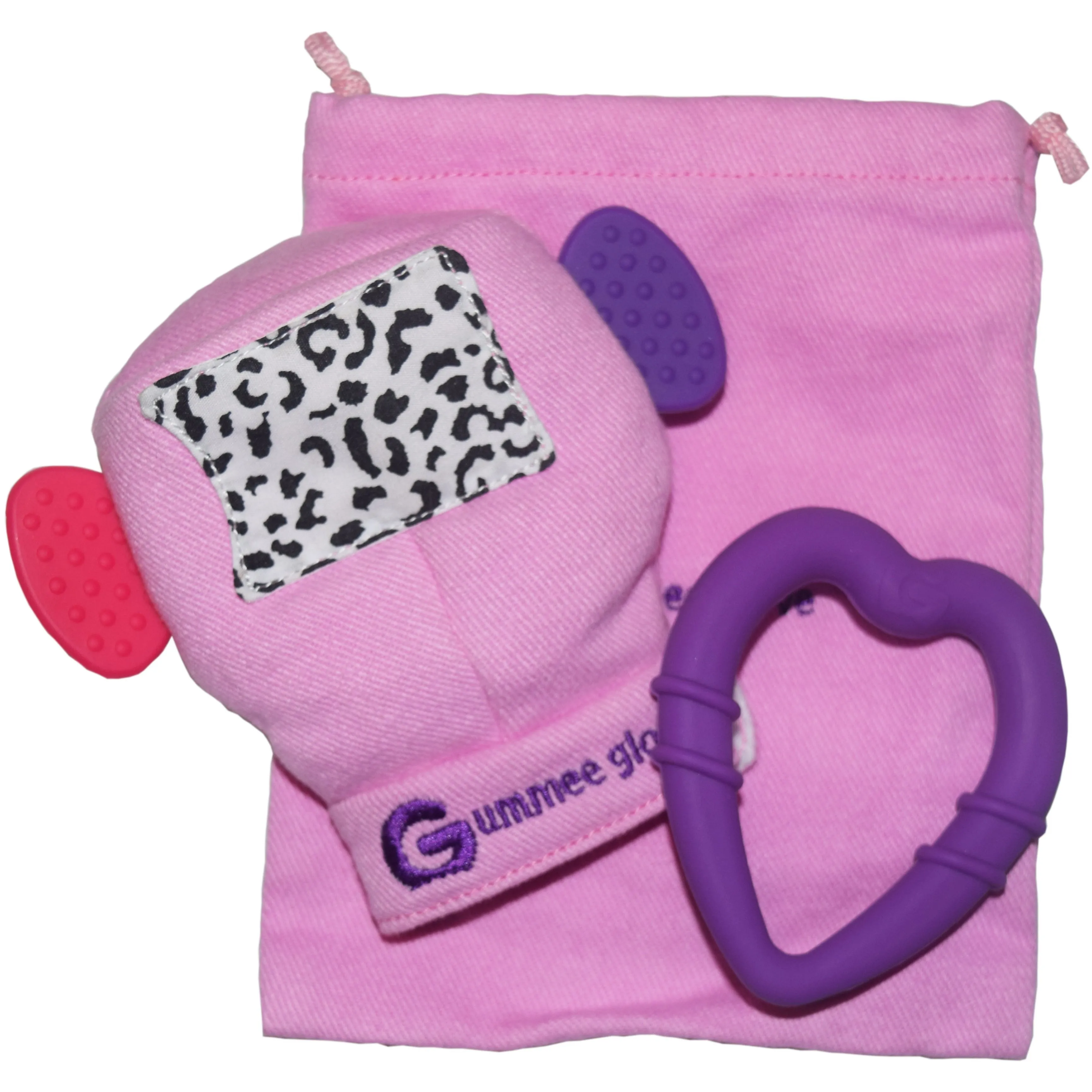 Gummee Double Pack teething mitten Pink and Heart shaped Ring