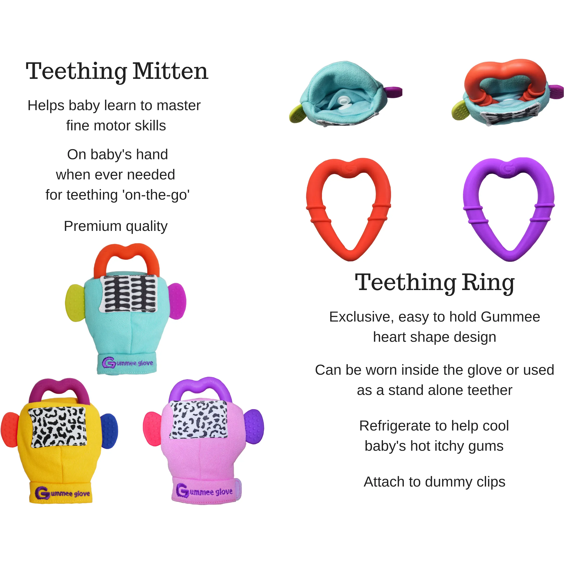Gummee Double Pack teething mitten Pink and Heart shaped Ring