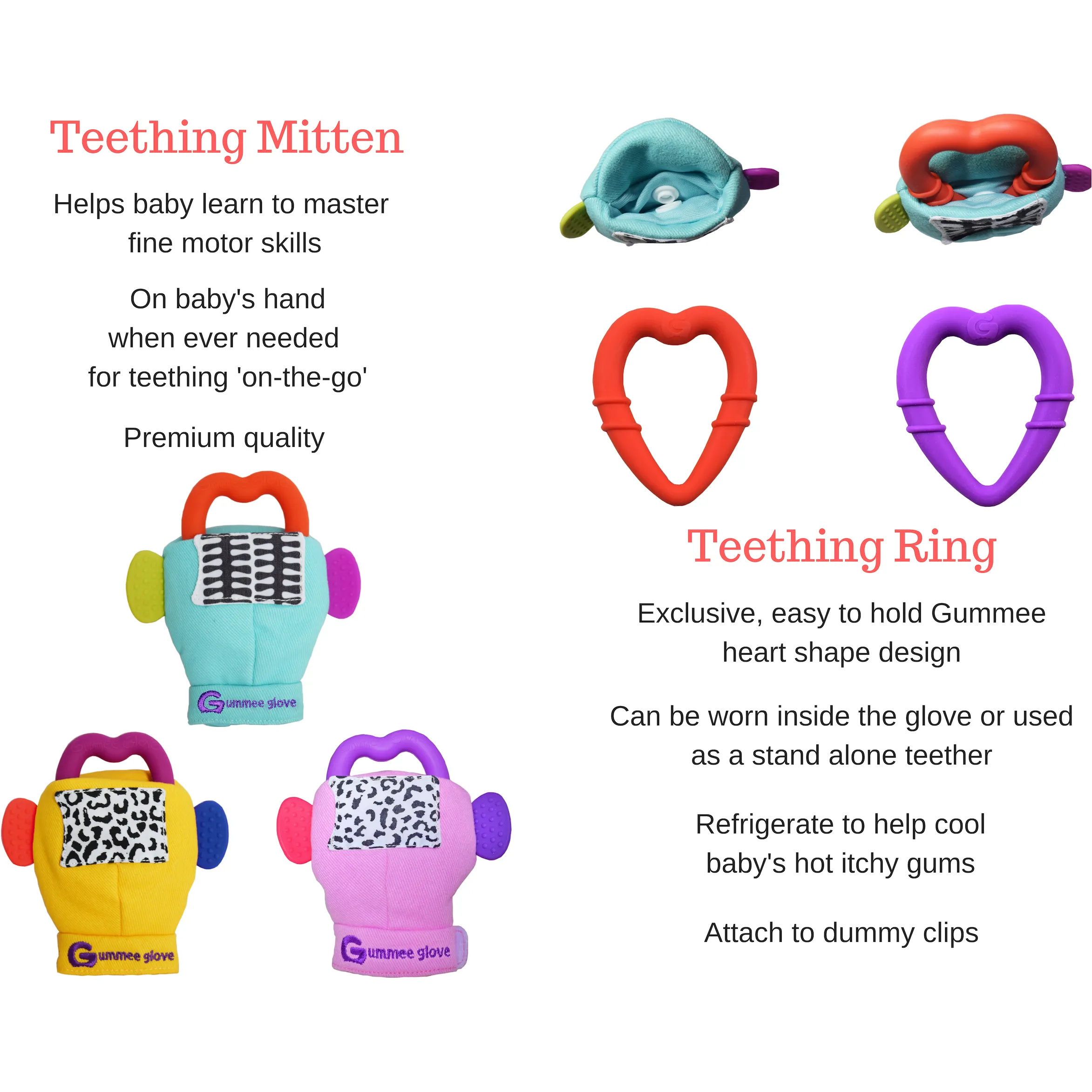 Gummee Double Pack Teething Mitten Yellow and Heart shaped Ring