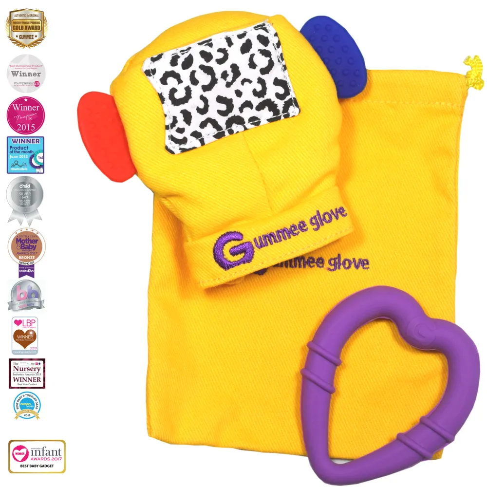 Gummee Double Pack Teething Mitten Yellow and Heart shaped Ring