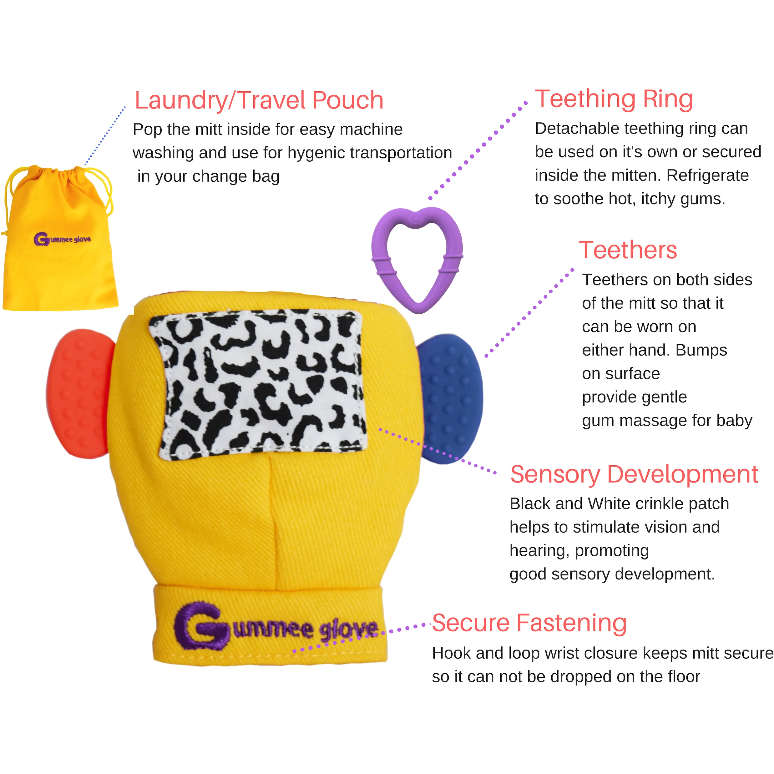 Gummee Double Pack Teething Mitten Yellow and Heart shaped Ring