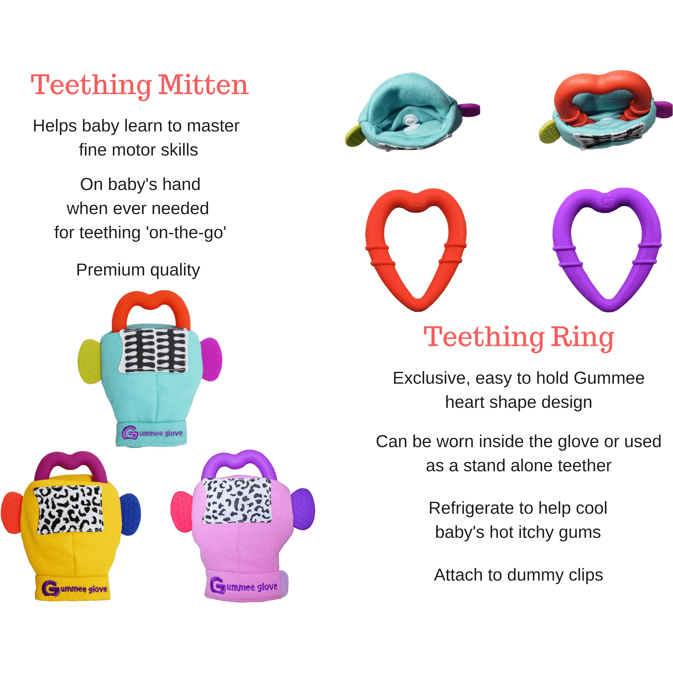 Gummee Double Pack teething mittens Black/White and Turquoise