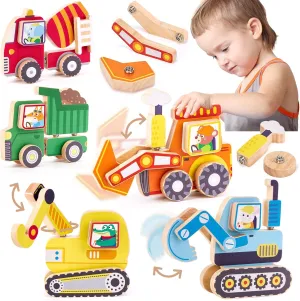 hahaland Wooden Snap Together Building Toys, Construction Truck Take Apart STEM Toy for 3 4 5 Year Old, Montessori Toys for 3 Year Old Boys, Fine Motor Skill Educational Gift for Preschoolers